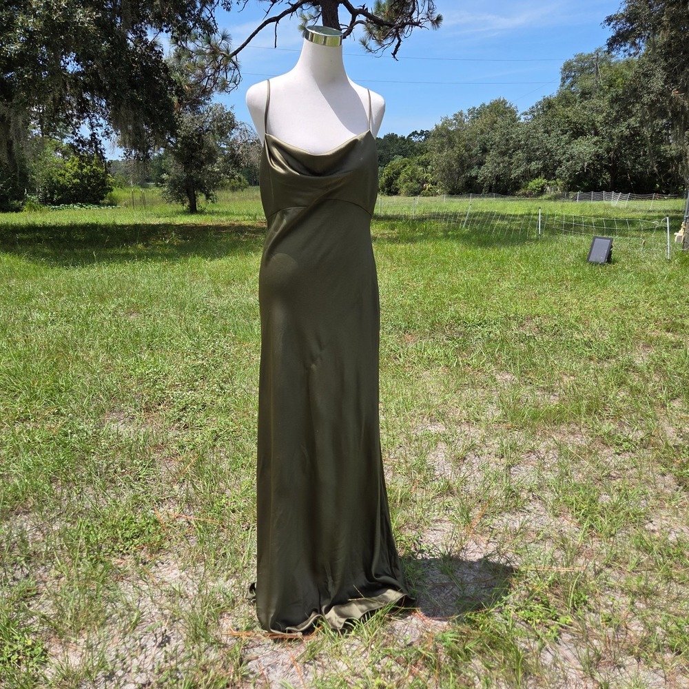 Jenny Yoo Satin Maxi Dress in Olive Green Womens 14 Bridal Bridesmaid Prom